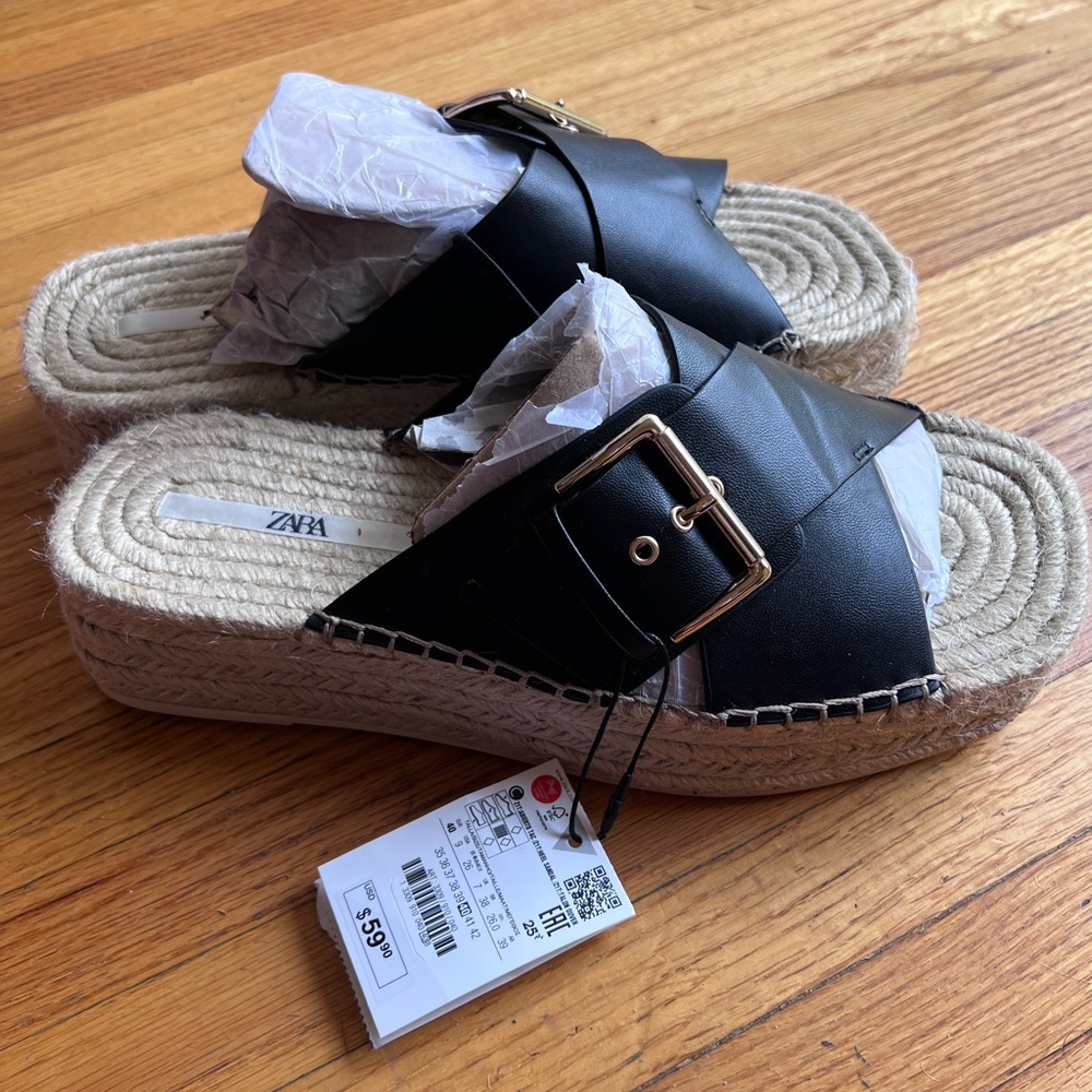 Zara platform black leather espadrilles NWT size 40